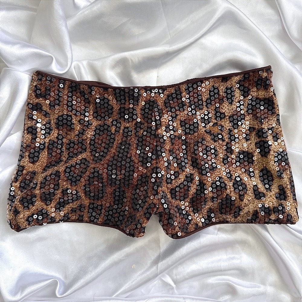 Womens Leopard Print Sequin Hot Pants Festival Rave Booty Shorts Brown Tan